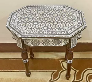 Handmade Wooden End Table Carving Wood Table Home Decor Mother of Pearl Inlay - Picture 1 of 16