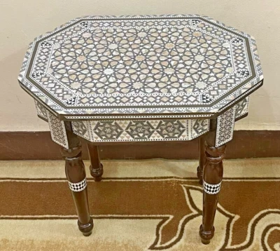 Handmade Wooden End Table Carving Wood Table Home Decor Mother of Pearl Inlay - Image 1 of 4