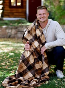 Minky Couture Plush Blanket Adult Sz 50”x60” Timber Plaid tan beige dark brown - Picture 1 of 7
