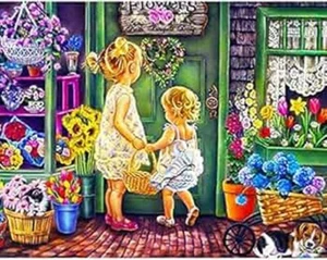 Pintura de diamantes 5D flores para ti dos niñas en floristería - 12" x 16" - Imagen 1 de 3