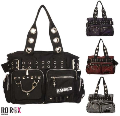 Banned Sweet Revenge Shoulder Bag Striped Punk Emo Alt Goth Handcuff Canvas - Image 1 of 4