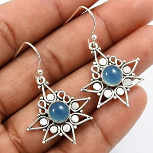 Gift For Her Natural Chalcedony Dangle Tribal Earrings 925 Silver I55 - Picture 1 of 8