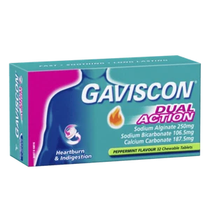 Gaviscon Dual Action 32 Chewable Tablets - Peppermint Heartburn Indigestion - Picture 1 of 2