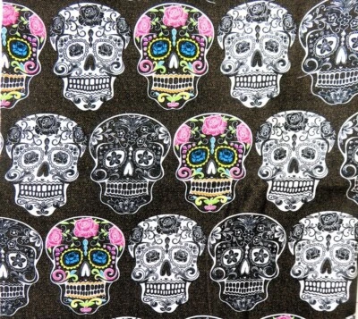 Sugar Skulls Cotton Fabric, David Textiles, SOLD BY 1/2 YD, Pink Roses - Image 1 of 4