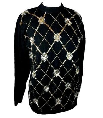 Alfred Dunner sequin & bead black pullover sweater size PM diamond check - Image 1 of 4