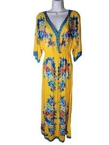 Abito donna pomodoro volante taglia media giallo maxi floreale scollo V boho - Foto 1 di 6