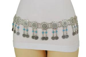 Women Silver Color Vintage Metal Flower Chain Coin Charm Belt Turquoise Blue S M - Picture 1 of 12