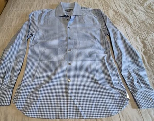John Varvatos Shirt Mens 15.5 Slim Fit Blue White Check Long Sleeve Dress Cotton - Picture 1 of 10