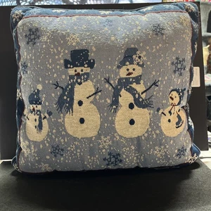 Cuscino arazzo vintage Natale blu pupazzo di neve famiglia 16"x16" pupazzo di neve scintillante - Foto 1 di 3