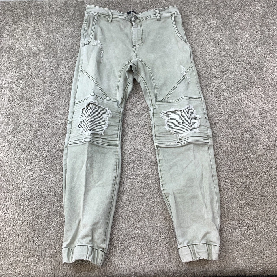 Pantalones de mezclilla ajustados de algodón para hombre 30 caqui verde bolsillo desgastado Foto 1 de 4