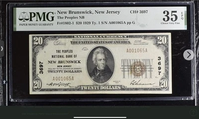 1929 PMG CH VF-35 EPQ $20 New Brunswick NJ National Note - Round Money Coin Shop - Image 1 of 2