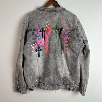 Smoke Rise Denim Jacket Mens 2XL Gray Embroidery Distressed Streetwear HipHop - Image 1 of 4