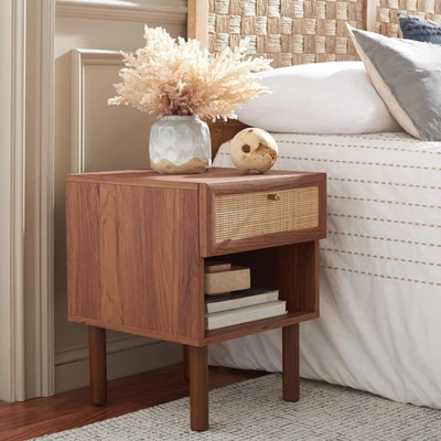 Home Collection Silvanna Walnut/Natural Rattan 1-Drawer 1-Shelf Nightstand - Immagine 1 di 4