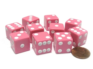 Set of 10 Six Sided Square Opaque 16mm D6 Dice - Pink with White Pip Die - Picture 1 of 1