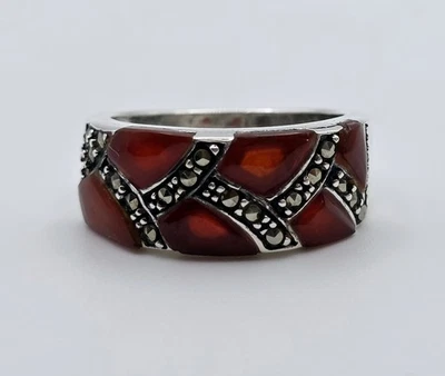 Anillo vintage de plata esterlina esmaltado marcasita Art Deco estampado geométrico de animales Foto 1 de 4