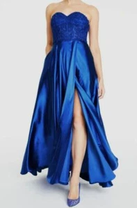 $305 Blondie Nites Junior Women's Blue Floral-Applique Charmeuse Gown Size 13 - Picture 1 of 4