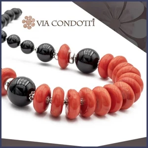 Collana in Onice nero e Corallo rosso girocollo in pietre dure e Argento 925 - Foto 1 di 7