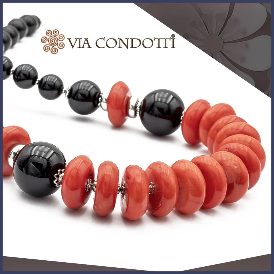 Collana in Onice nero e Corallo rosso girocollo in pietre dure e Argento 925 - Immagine 1 di 4