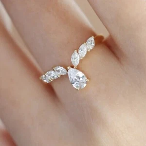 1.6Ct Moissanite Engagement Ring Fancy Pear&Marquise Cut 14k Yellow Gold Plated - Picture 1 of 6