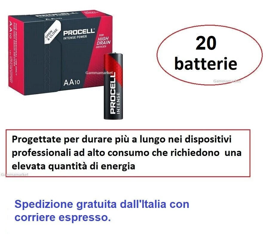 20 batterie alcaline AA Stilo 1,5 V DURACELL PROCELL INTENSE