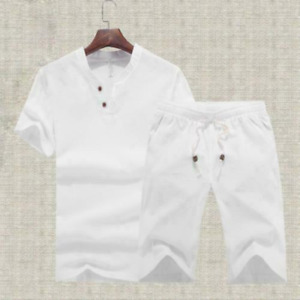 Casual Men Solid Color Cotton Linen Summer T-Shirt+ Shorts Set Home Sports Suit