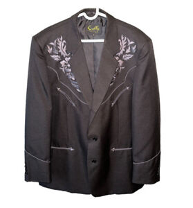 Scully Men Rockabilly Black Embroidered Blazer Jacket Western SportCoat 46 EUC