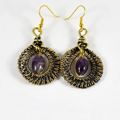 Pendientes colgantes de cristales de amatista envueltos en alambre antiguo piedras preciosas naturales Foto 1 de 3