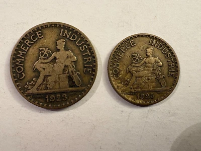 Monedas del Viejo Mundo 1923 Francia 1 Franco y 2 Francos Comercio Industria - 2 Monedas 1923 Foto 1 de 2