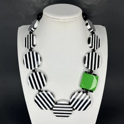 Acrylic Lucite Stripe Necklace Black White Green Chunky Statement Post Modern - Image 1 of 4