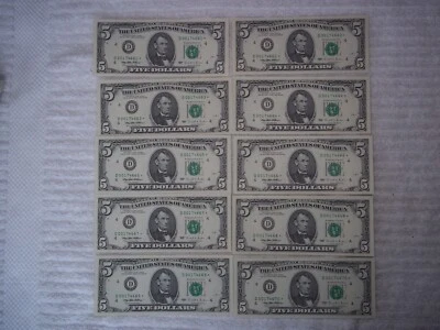 Billetes Star 1995 $5 Cleveland FRN Fr 1985 10 consecutivos nítidos bajos S/N# 10 billetes Foto 1 de 2