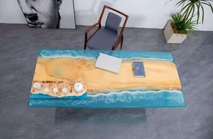 Custom Live Edge Epoxy Resin Table | River Ocean Wood Table Top | Coffee Table, - Picture 1 of 14