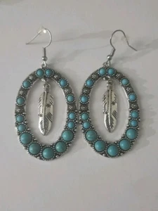 Boho Western Faux Turquoise Dangle Earrings With Feather. New. Never Worn - Picture 1 of 7