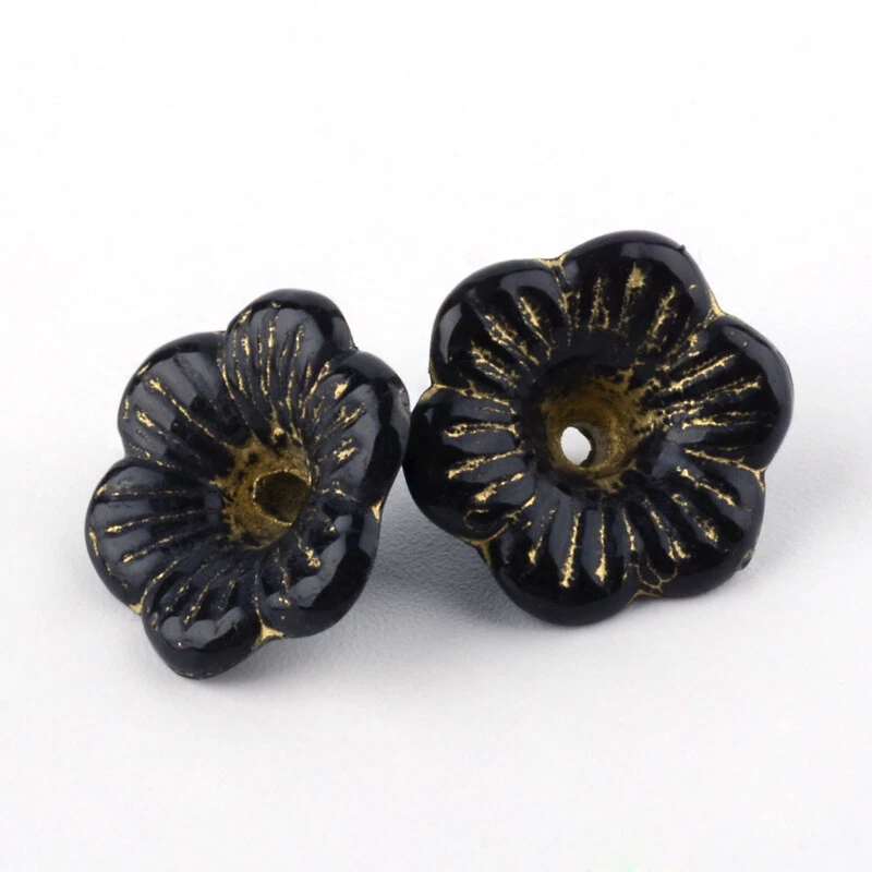 Flower Beads Black Gold Plastic 14mm diameter 50pcs - Image 1 of 1