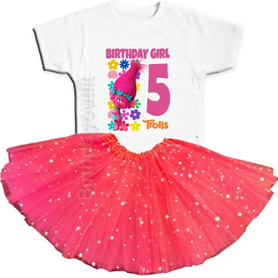 Trolls Party 5th Birthday Fuchsia Tutu Outfit Personalized Name option Poppy - Image 1 of 4