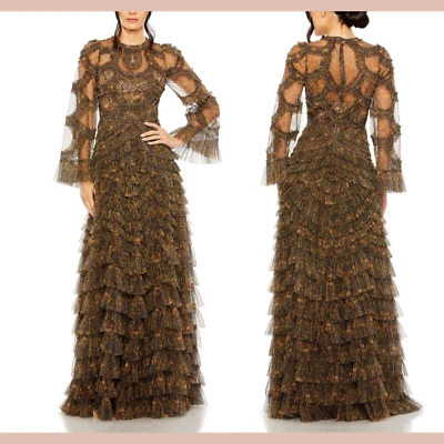NWT MAC DUGGAL [ 16 ] 8044 Long Flutter Sleeve Ruffle Tiered Gown Brown #J1639 - Image 1 of 4