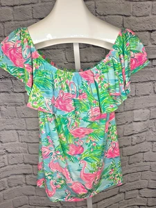 Lilly Pulitzer La Fortuna Blouse Flamingo Print Size Large Off Shoulder - Picture 1 of 8