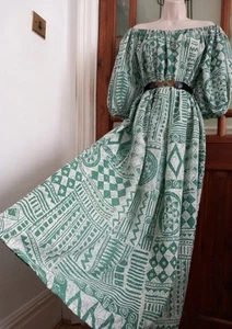 OOAK Handmade Vtg style puff sleeve Smock Kaftan Midi Bardot Dress Size L Boho - Picture 1 of 8