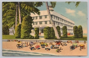 Waldorf Towers Hotel Miami Beach Florida Linen Postcard 1940s Summer Advertising - Picture 1 of 2