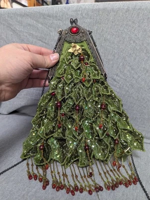 Vintage 50's Wayne M Kleski Green Christmas Tree Purse Handbag With Mirror - Image 1 of 4