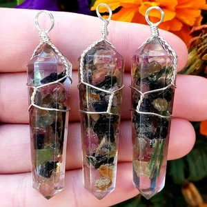 Tourmaline multi orgone resin wire wrapped Crystal Healing Gemstone pendant -1pc - Picture 1 of 1