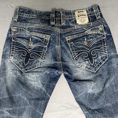 Pantalones de mezclilla ajustados rectos Rock Revival Ethan para hombre talla 33 azul punto desgastado Foto 1 de 4