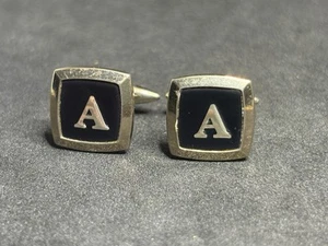Vintage Gilt Cufflinks Monogram A Enamel Black Pat. 1444883 Mid Century - Picture 1 of 7