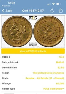 1846-O LIBERTY HEAD $2.5 PCGS Lightly Cleaned AU - Variety 1 - Eagle’s Claws! - Picture 1 of 7