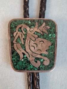 Vintage TE-49 Taxco 925 Sterling Silver & Malachite Aztec Incan Bolo Tie - Picture 1 of 12
