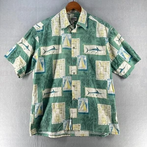 Campia moda Mens Hawaiian Shirt Large Green Yacht Marlin Caribbean Short Sleeve - Picture 1 of 14