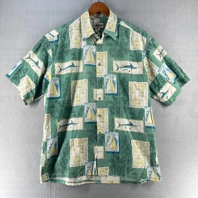 Campia moda Mens Hawaiian Shirt Large Green Yacht Marlin Caribbean Short Sleeve - Image 1 of 4
