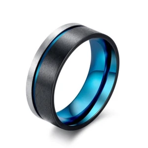 Blue Plating Titanium Steel AAA Band Men‘s 8mm Silver&Black Brushed Ring Sz 7-13 - Picture 1 of 8
