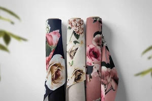 FS1029 Floral Black Beige Dusty Pink Stretch Jersey Scuba Knit Dress Fabric - Picture 1 of 32