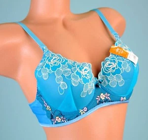 BNWT Blue Embroidered Molded Cup Floral Cute Sissy Sexy Demi Bra sz 32C - Picture 1 of 3