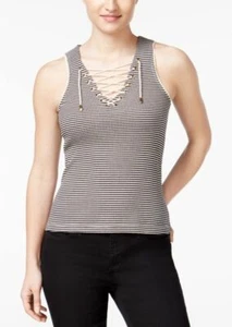 NWT American Rag Black Ivory Striped Lace-Up Tank Top Knit Sleeveless V-Neck XXS - Picture 1 of 1